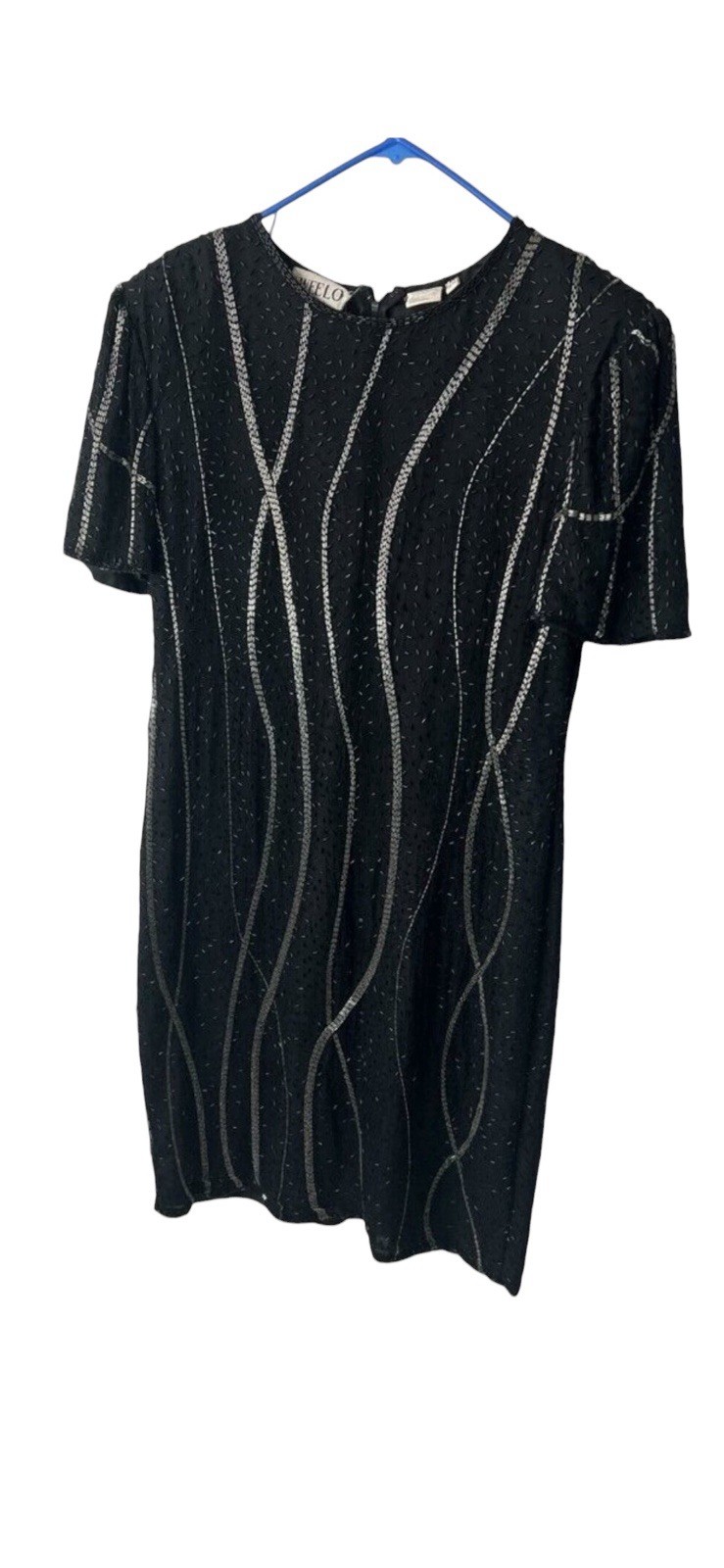 Vintage Sweelo Beaded Black Silver Dress L 12/14 Short Sleeve Lined Midi Elegant