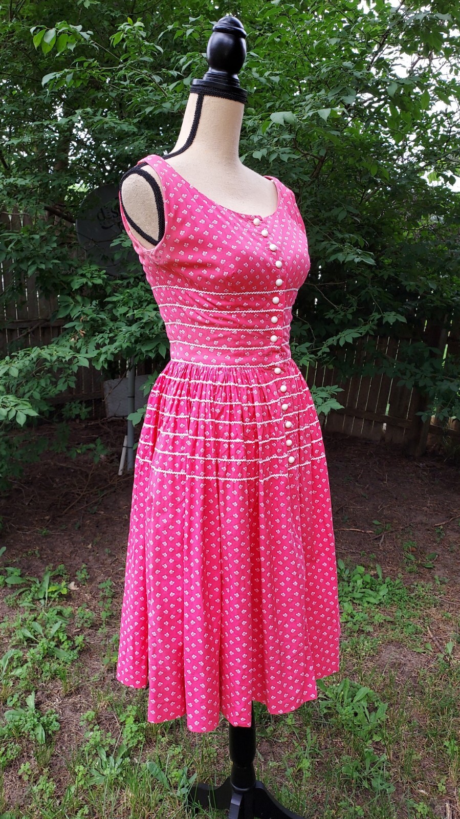 Vintage 50’s Lanz Originals Floral Print Dress Cotton Lace Button Pockets Small