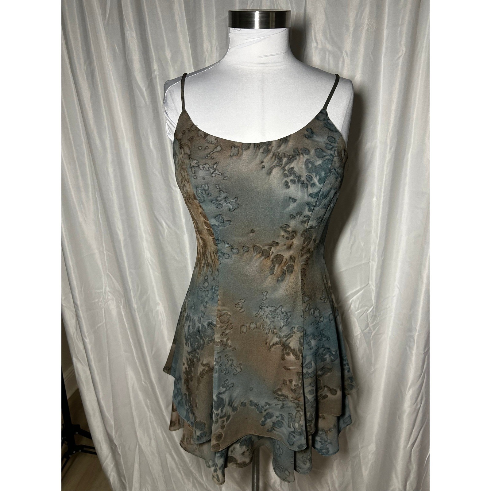Vintage Rampage Blue Brown Abstract Print Tiered Ruffle Mini Dress 90s Y2K