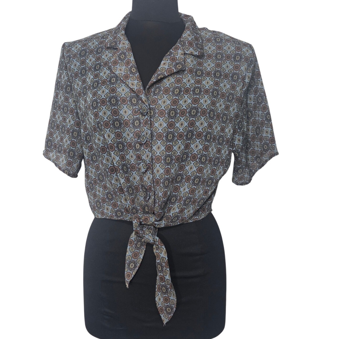 Vintage Jessica Ash Geometric Tie Front Cropped Button Up Blouse Top Size M / L