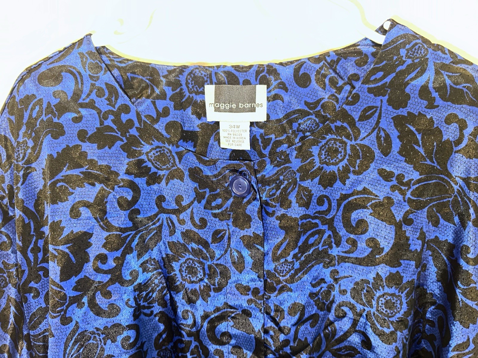 VTG Maggie Barnes Plus 34W Blue Black Print Button-Up Blouse Short Sleeve Satiny