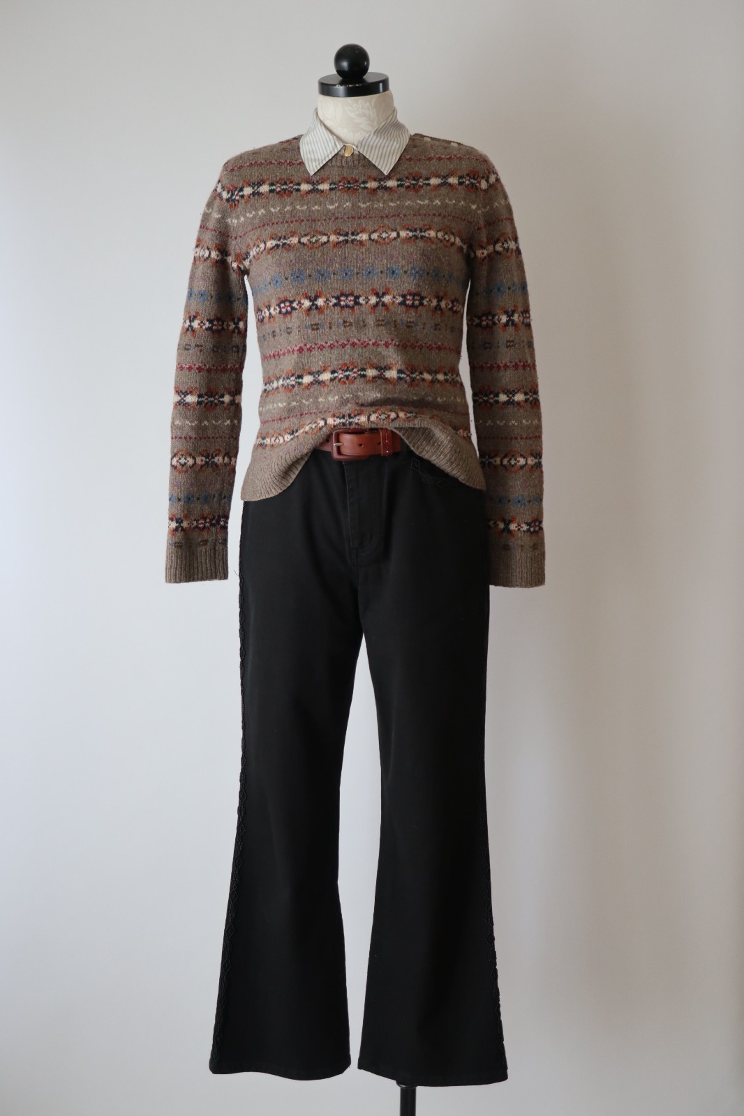 Ralph Lauren Beige Wool Cashmere Fair Isle Crewneck Handknit Sweater Women XS S