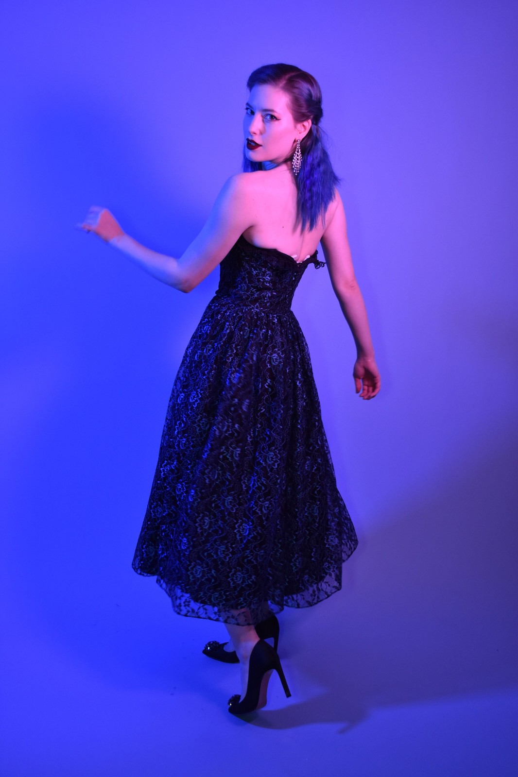 Oldstock Vintage Black and Blue Metallic Lace Sweetheart Gown