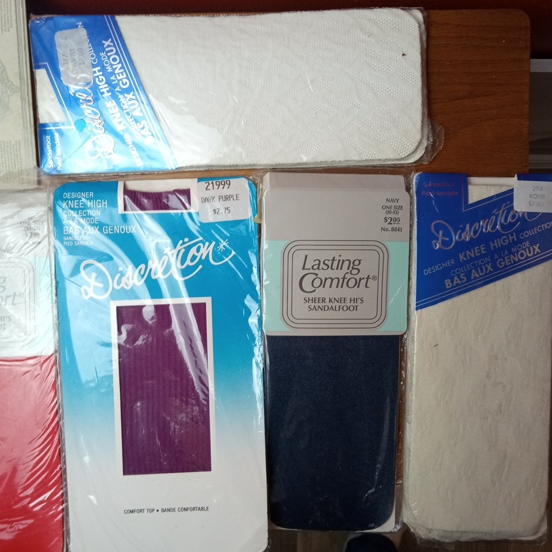 7 Vtg Textured Mesh Knee Hi High Sandal Foot Nylons Stockings One Size 8.5-13