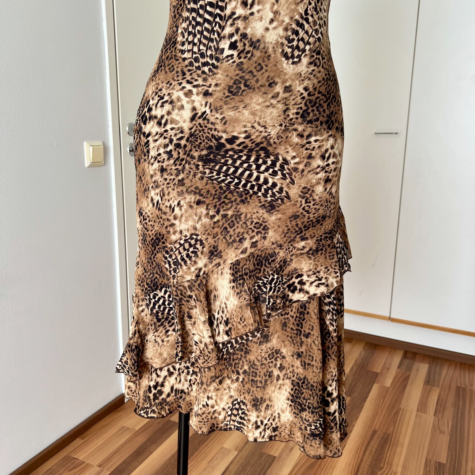 90s Leopard Print Midi Slip Dress Asymmetrical Hem Fairycore Bias Cut Slinky 44