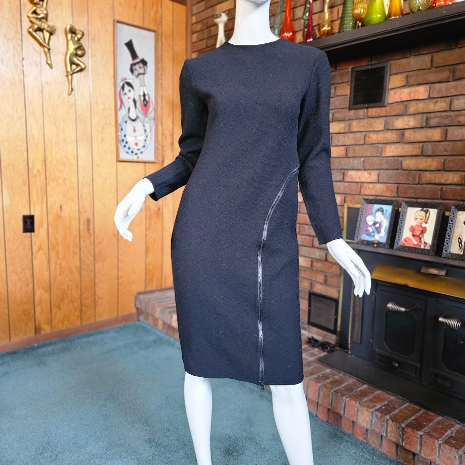 Vtg 90s Geoffrey Beene Minimalist Avant Garde Black Wool Zipper Cocktail Dress M