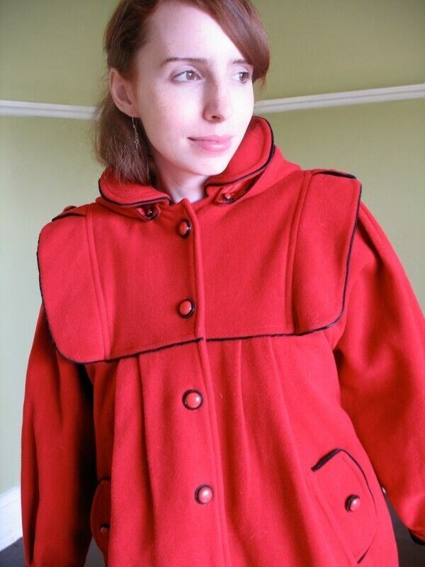 VTG Little Red Riding Hood Wool Coat Incredible Pleating & Details Blk Trim S M