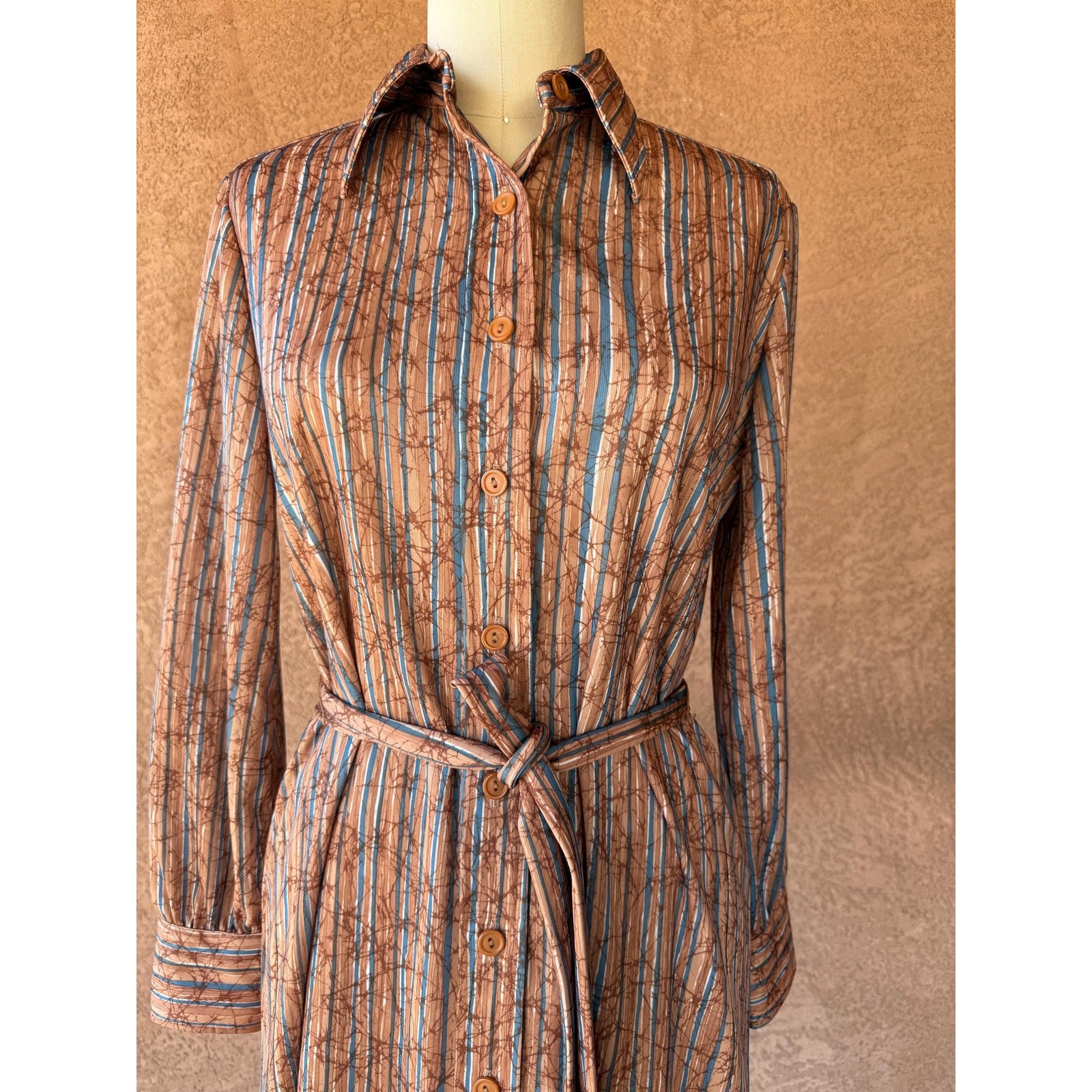 Vintage 1970s Bleecker Street Shirt Dress | Jonathan Logan Brown Blue Stripe