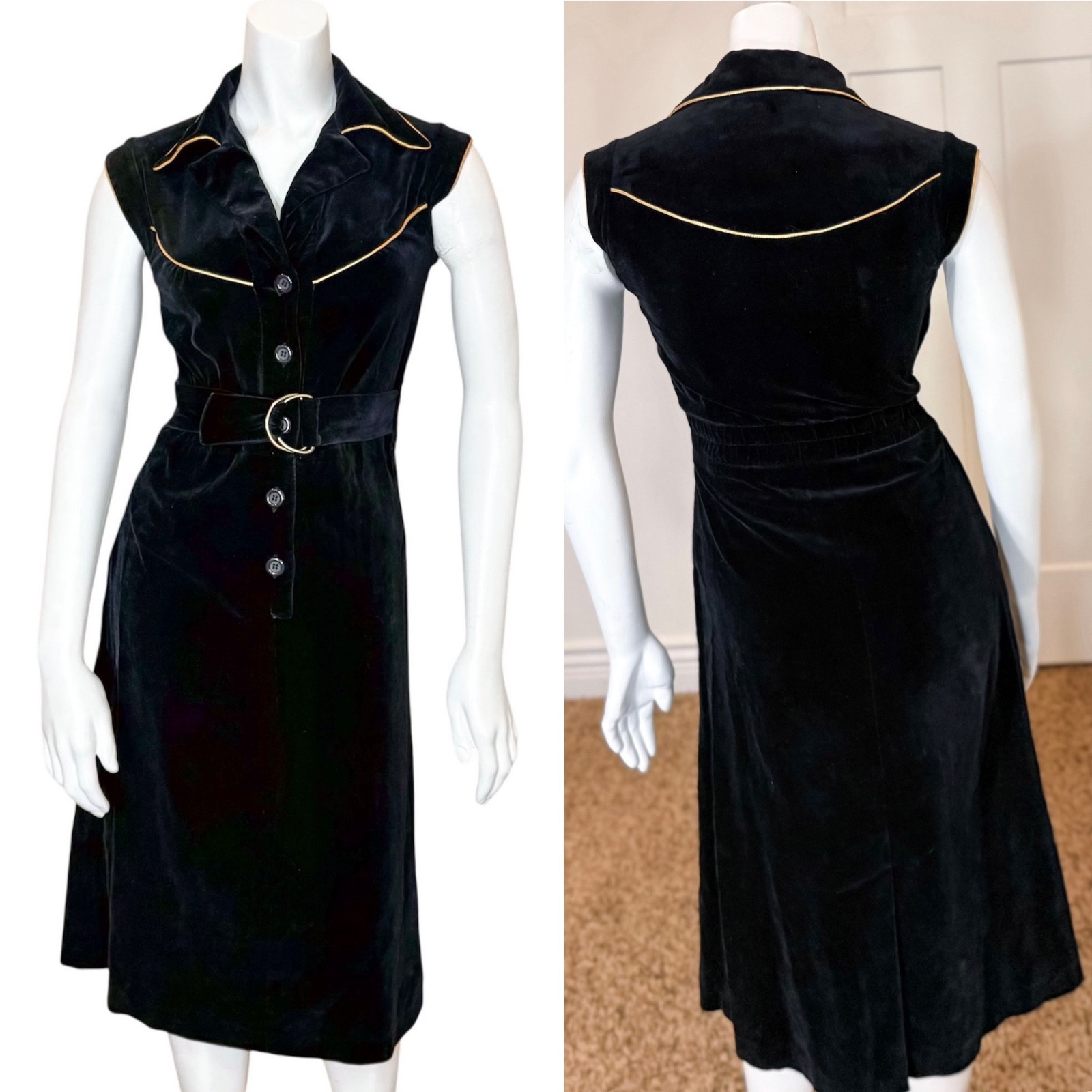 Vintage 90’s WESTERN VELVET DRESS XS Cotton Cowgirl Rodeo Black Collared Shirt