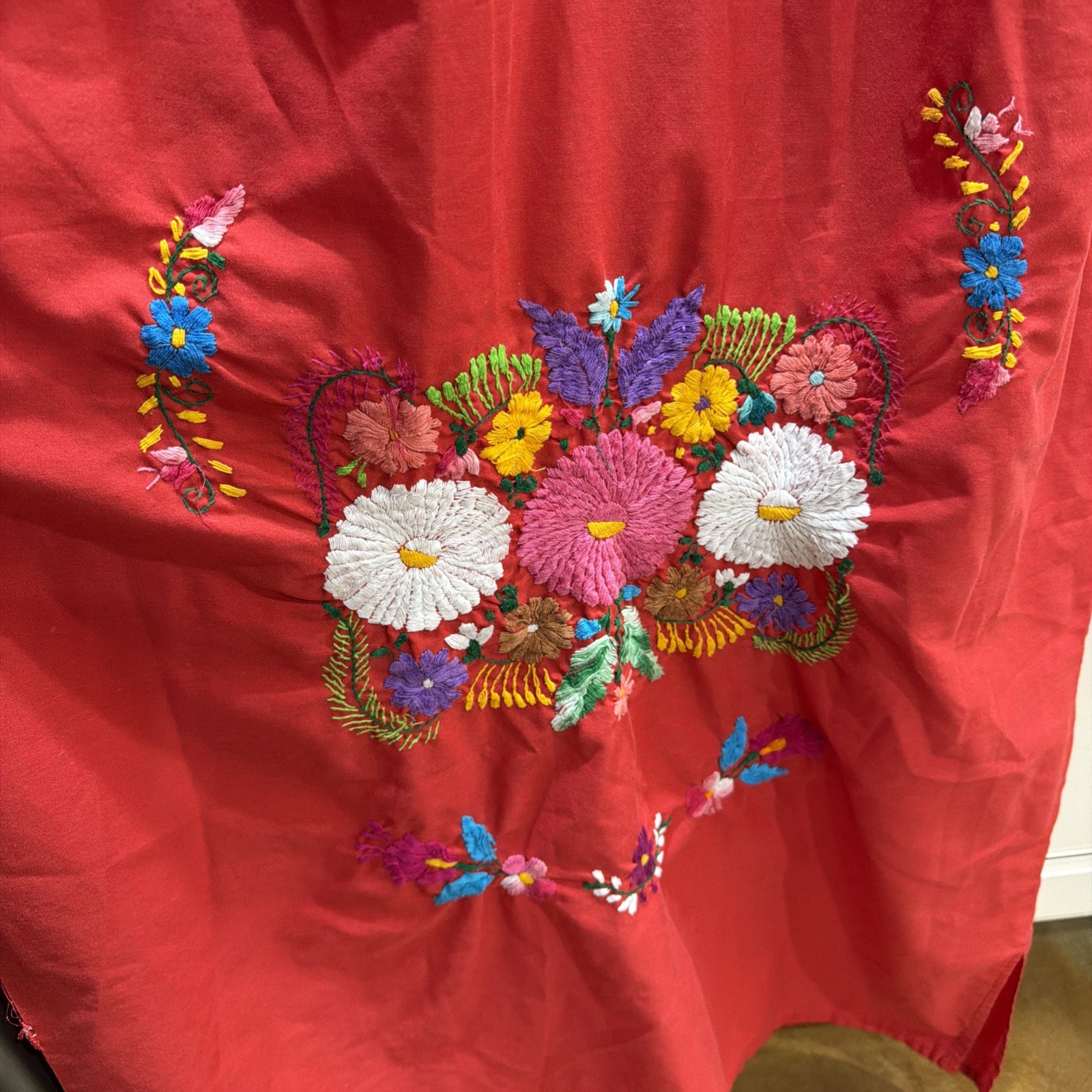 VTG Hand Embroidered Oaxaca Mexican Folk Art Dress Floral Motifs Women Size L