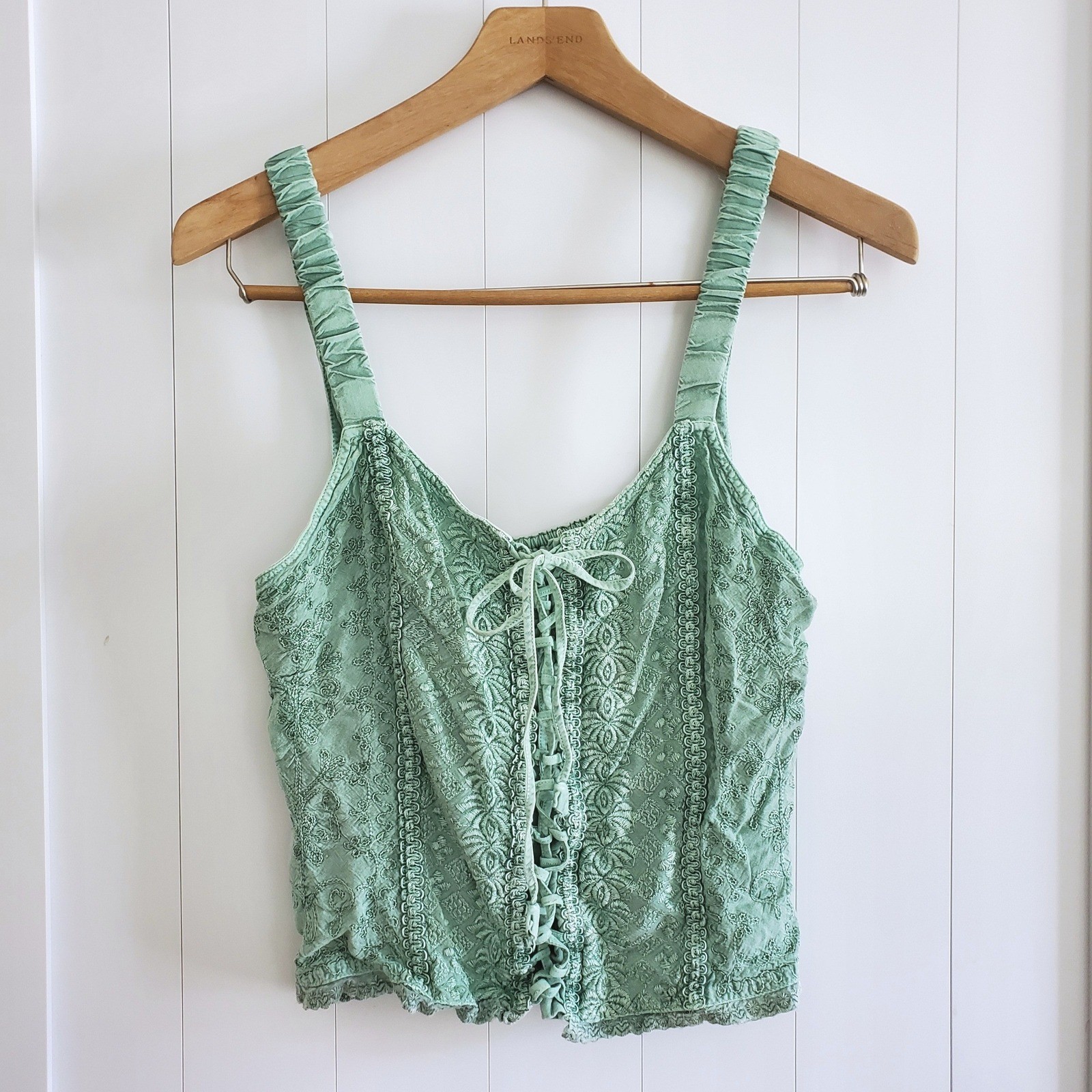 Vintage Y2K Boho Sage Green Embroidered Lace Up Cami Corset Top Free Size Hippie