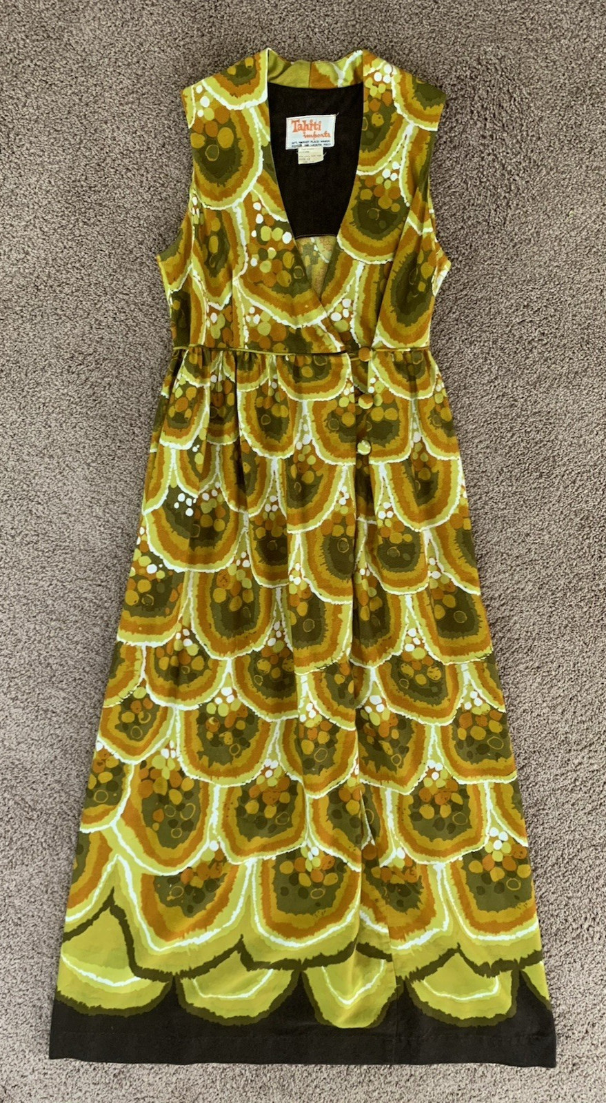 Vintage Tahiti Imports Maxi Sleeveless Green Hawaiian Aloha Dress-Size 12