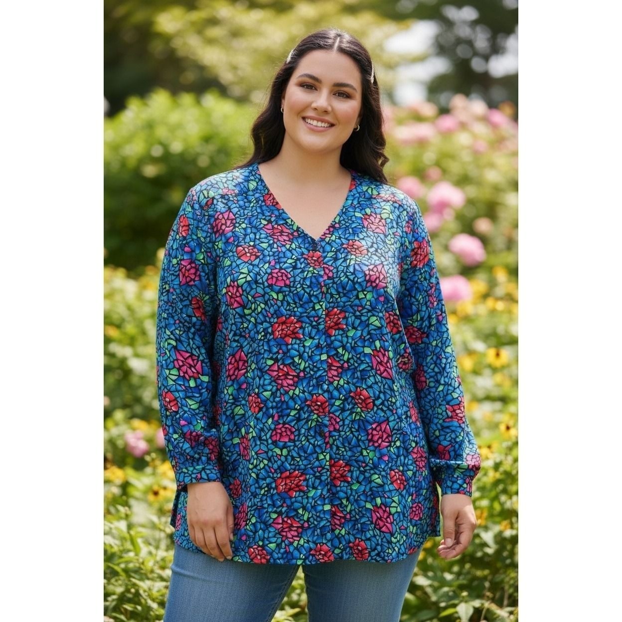 Y2K Elisabeth Liz Claiborne 22WP Vintage Stained Glass Mosaic Floral Blouse Blue