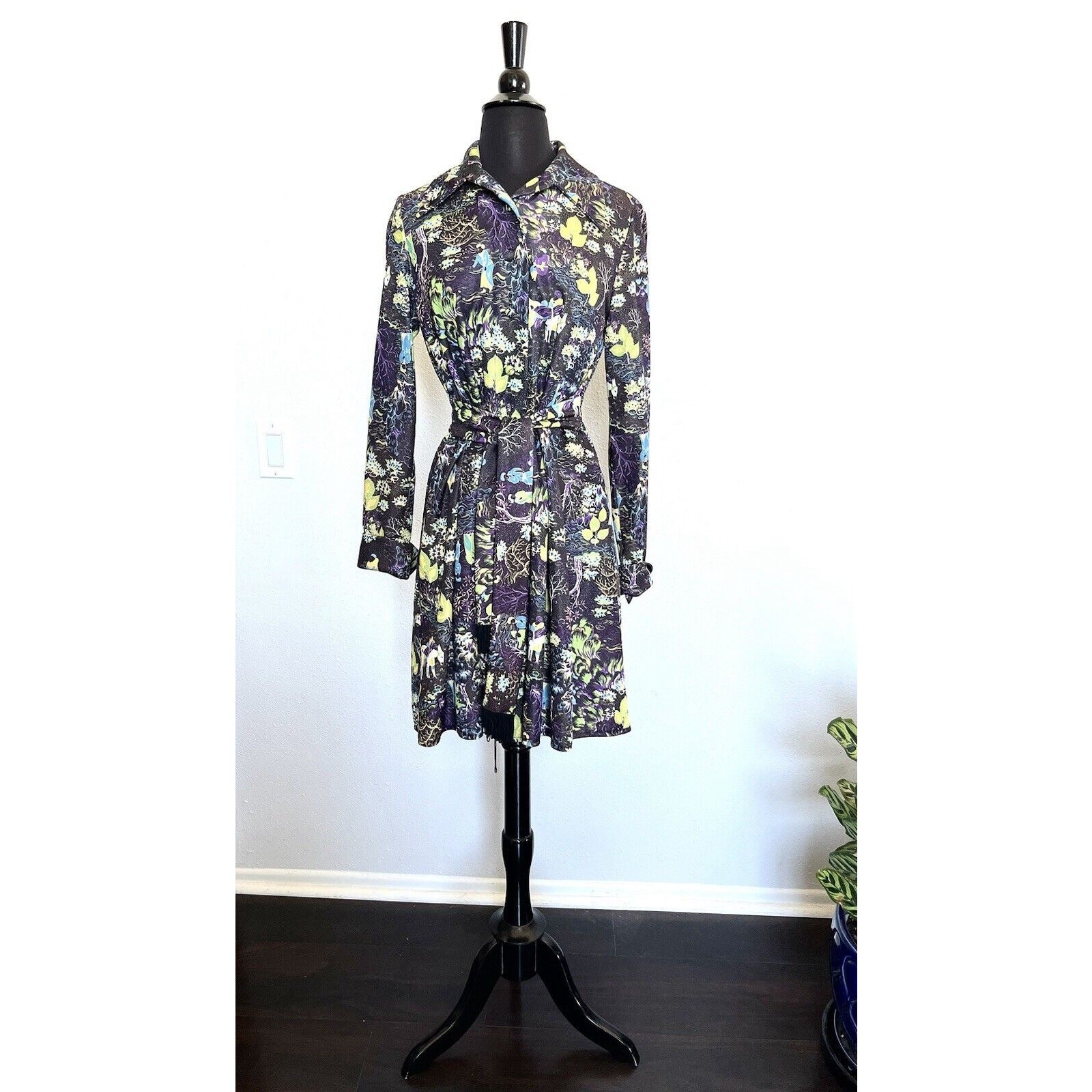 Vintage 70s Leslie Fay Knit Dress L Oriental Bird Dress