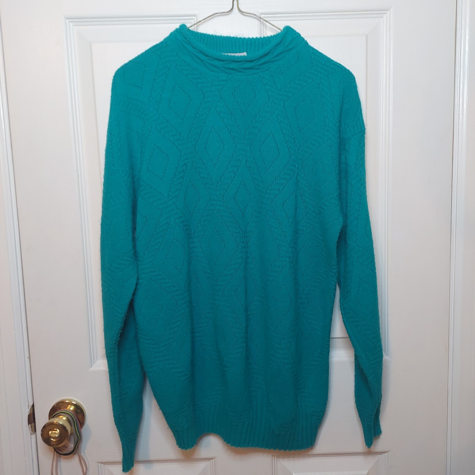 Adele Knitwear Vintage 80’s Teal Diamond Textured Knit Crewneck Sweater Size L
