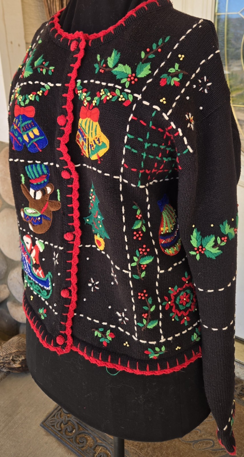 1990s HAMPSHIRE STUDIOS Black Christmas Cardigan Beaded & Knit Details Size L