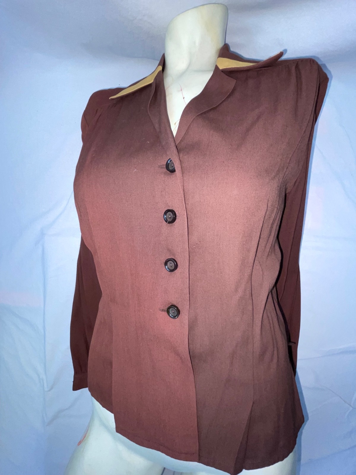 VTG 40S 50S WOMENS S GABARDINE RAYON BROWN BUTTON ROCKABILLY SHIRT TOP