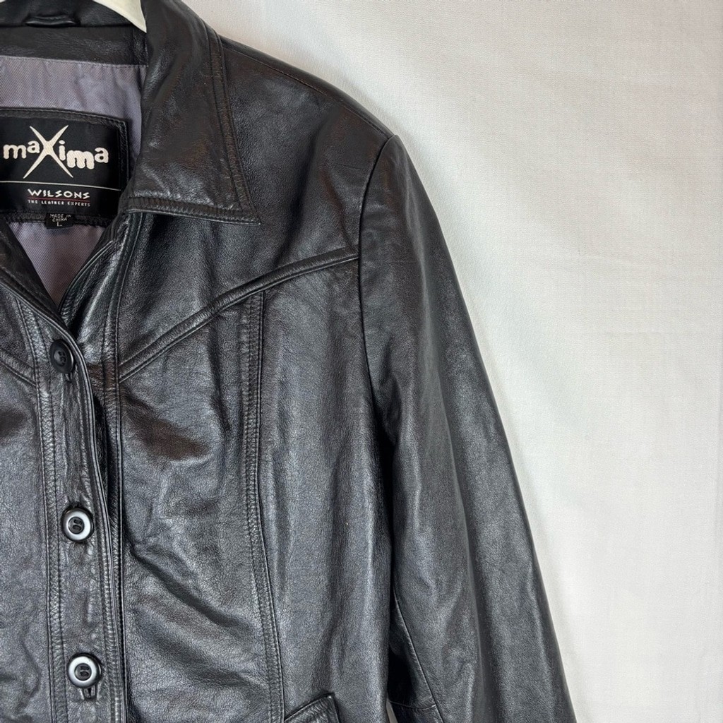 Vintage Maxima Black Leather Jacket Classic Style Hip 2 Pockets Length size L