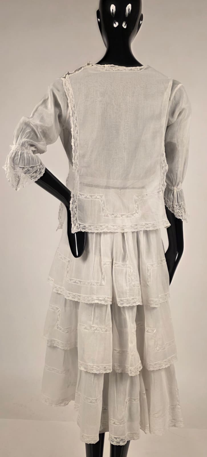 2 PC EDWARDIAN WHITE COTTON ORGANDY DRESS W LACE INSERTION + FLOUNCED SKIRT