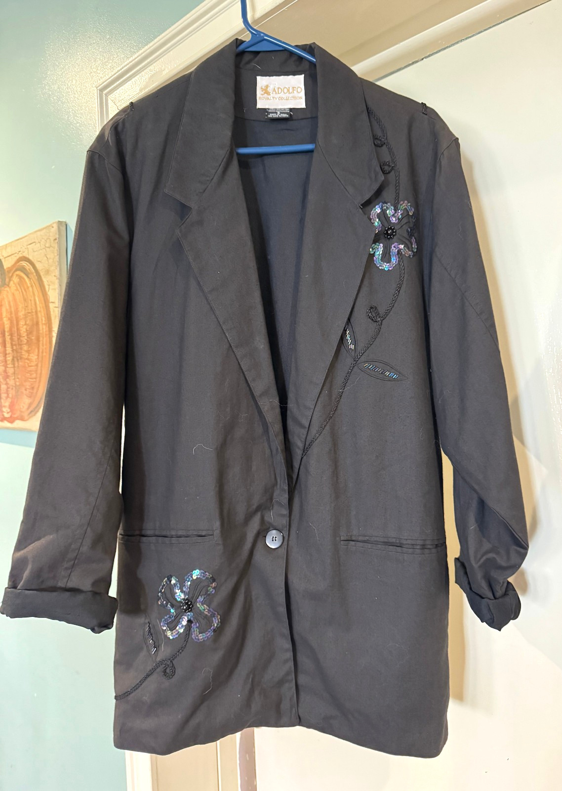 Awesome Vintage 90s Adolfo Black Cotton Long Embellished Blazer Beads Sequins S