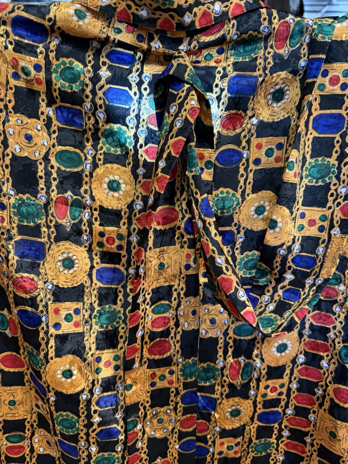 Vintage 80s Bold JEWEL PRINT Dress Brownstone Studio Size 16 Shoulder Pads