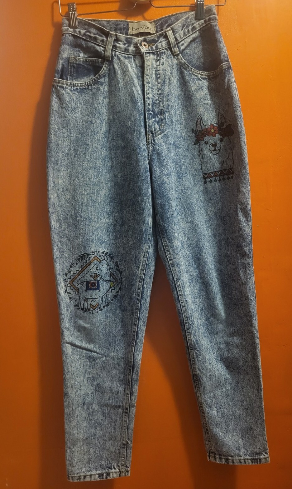 Vintage Mom Jeans Bonjour Acid Wash Llama Custom Rework Upcycle Cactus