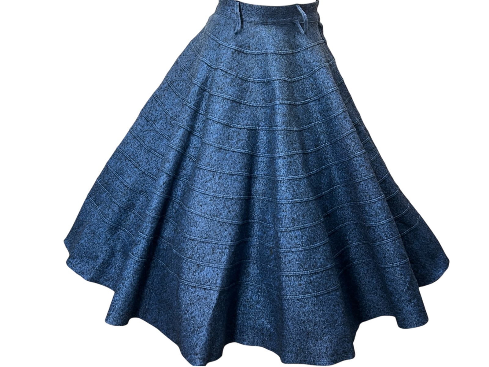 Vtg 50s 24″ Waist CIRCLE Skirt Felted Wool Blue Black Flecked Rockabilly