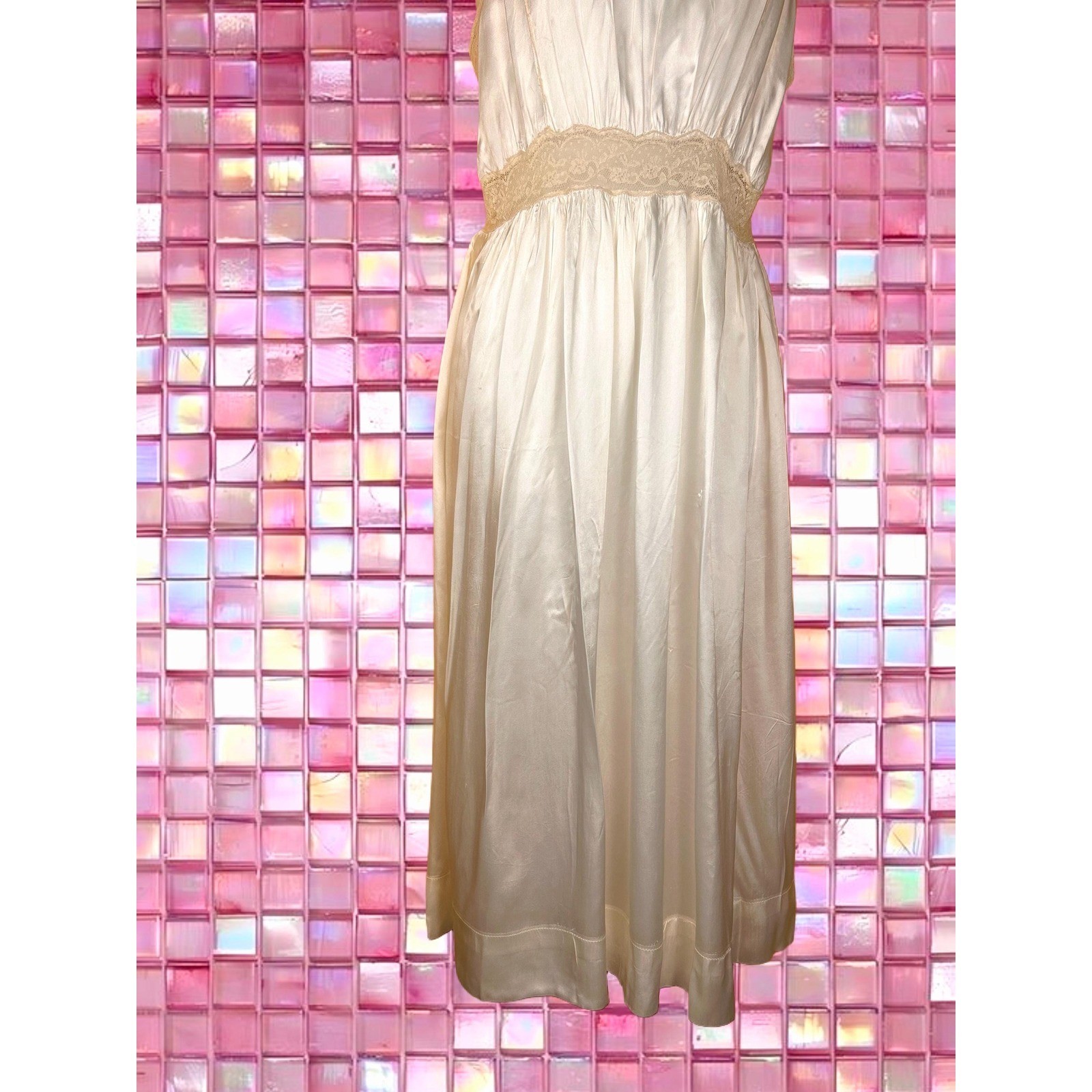 Vintage 1940s Textron Rayon Slip Dress | Cream Satin & Lace Lingerie
