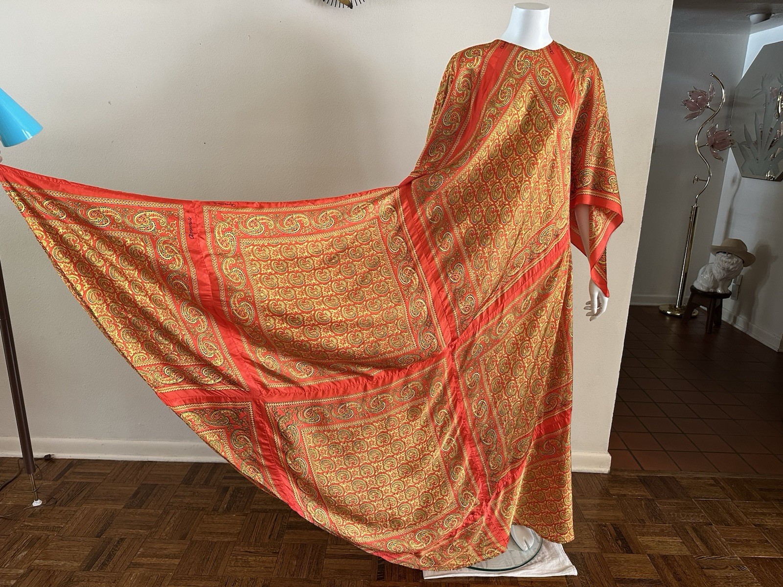 70s VTG Mexican Aramis Scarf Caftan Dress 63” Extra Long Tall Maxi Angel Sleeve