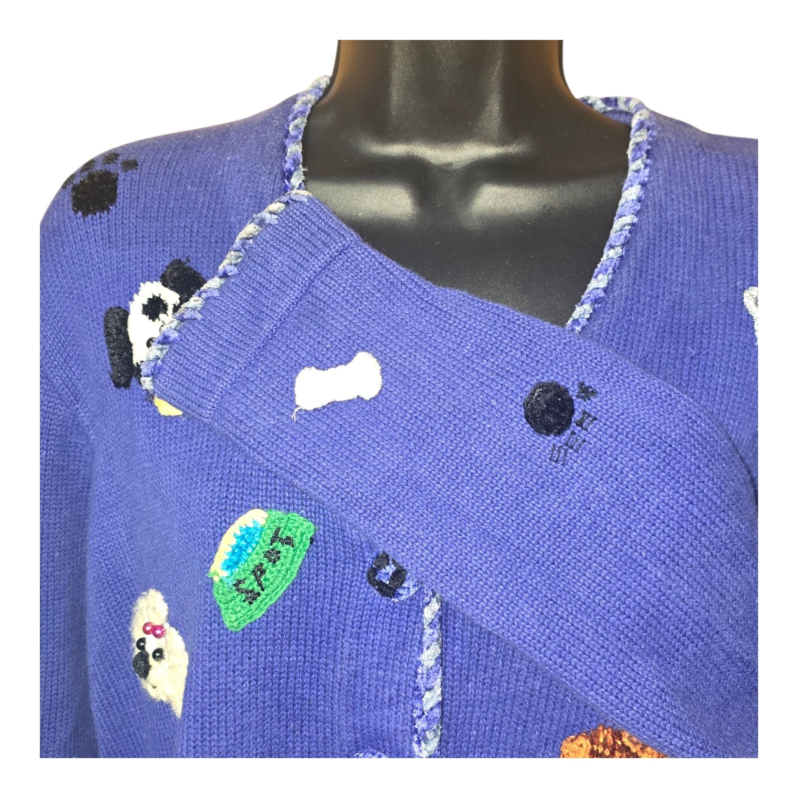 VTG Jack B Quick Dog Cardigan Royal Blue Bones Paws Bowls SZ MD Buttons Ruff Pup