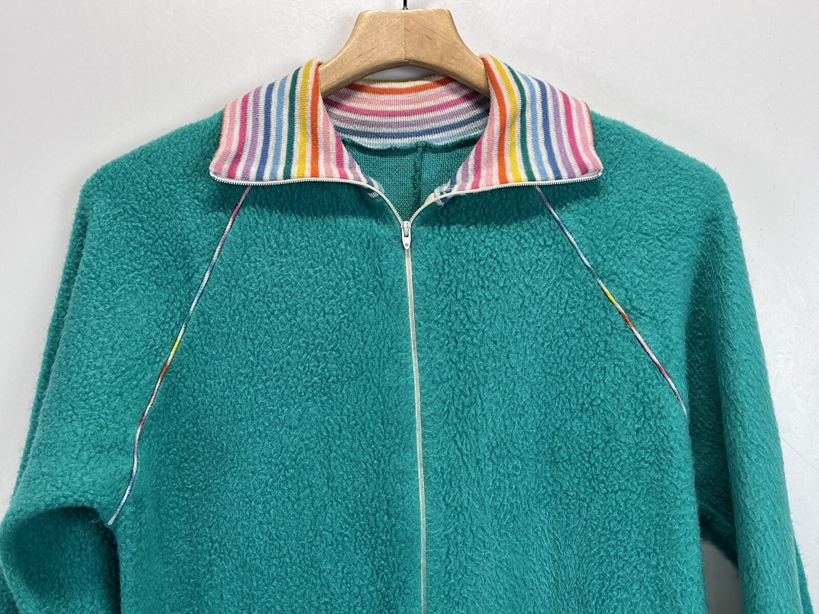 Vintage Unbranded Fleece Adult Pajamas Sz 13 Medium GUC Rainbow Trim 70’s