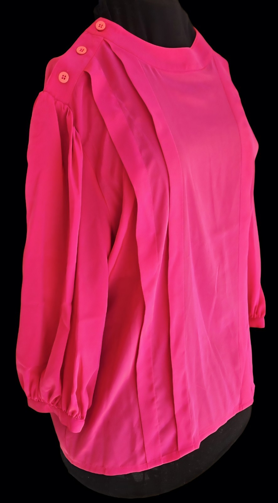 1980s CHAUS SPORT Fuchsia Front Pleated Poly Blouse w/Shoulder Button Closure 14