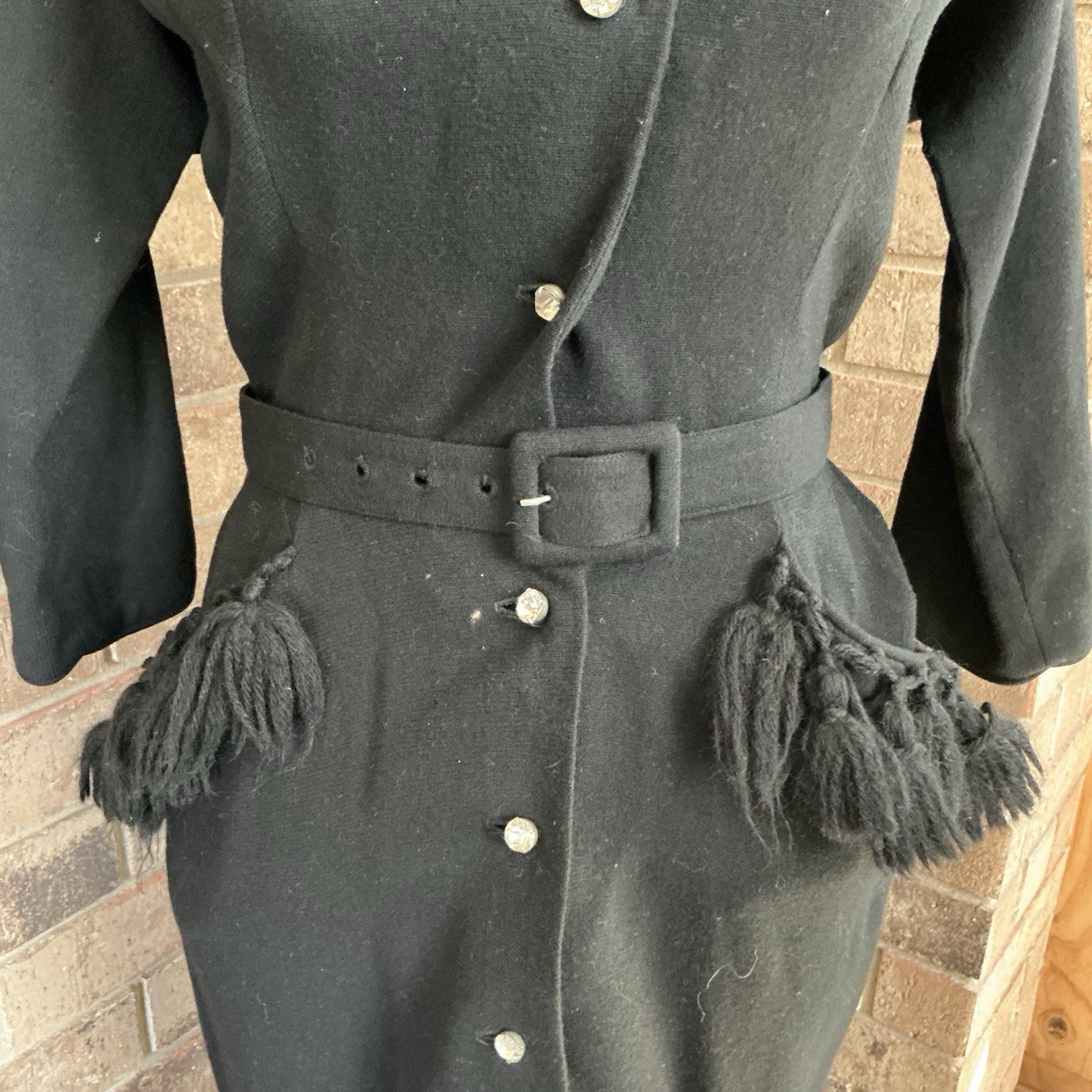 VINTAGE Black Wool Midi Dress Fringe Pockets Belt Button Front Size S/M #8D4