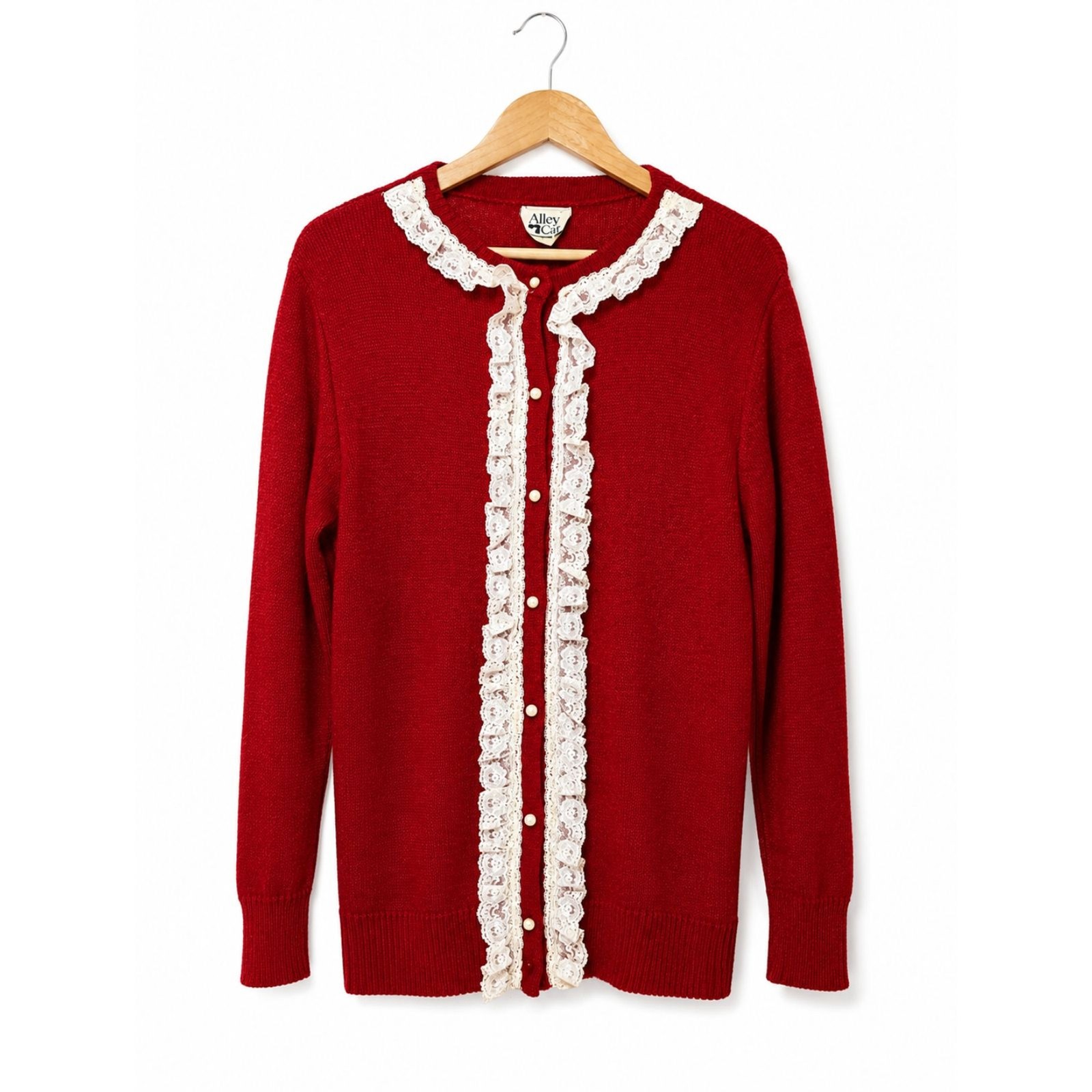 Vintage Alley Cat USA Red Lace Trim Cardigan Sweater Women’s L Pearl Cottagecore