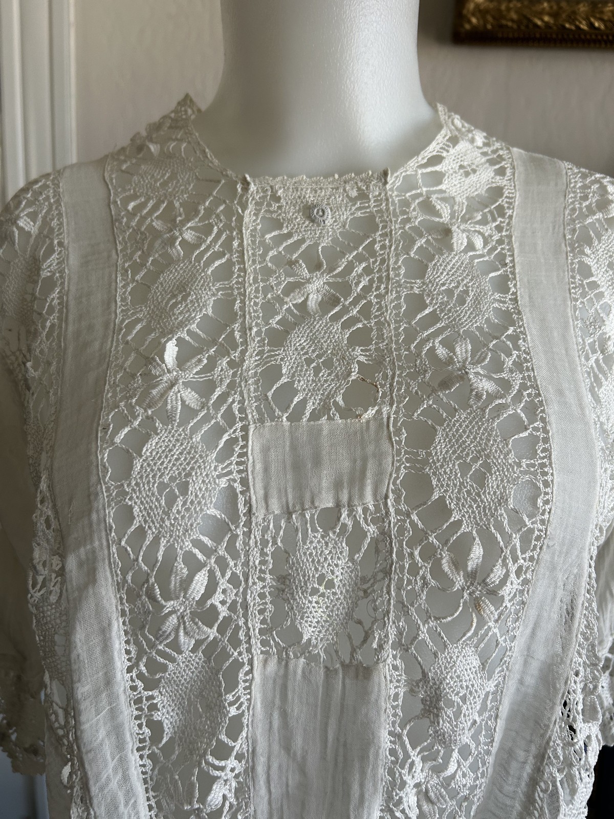 Antique Victorian Edwardian White Lace Gauze Blouse Crochet Insert Cottagecore S
