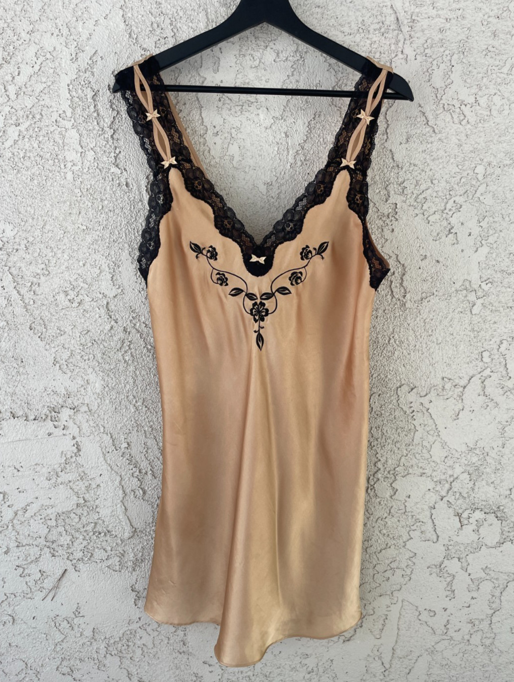 Vintage Cinema Etoile Champagne Satin Lace Chemise Nightgown Floral Embroidery L