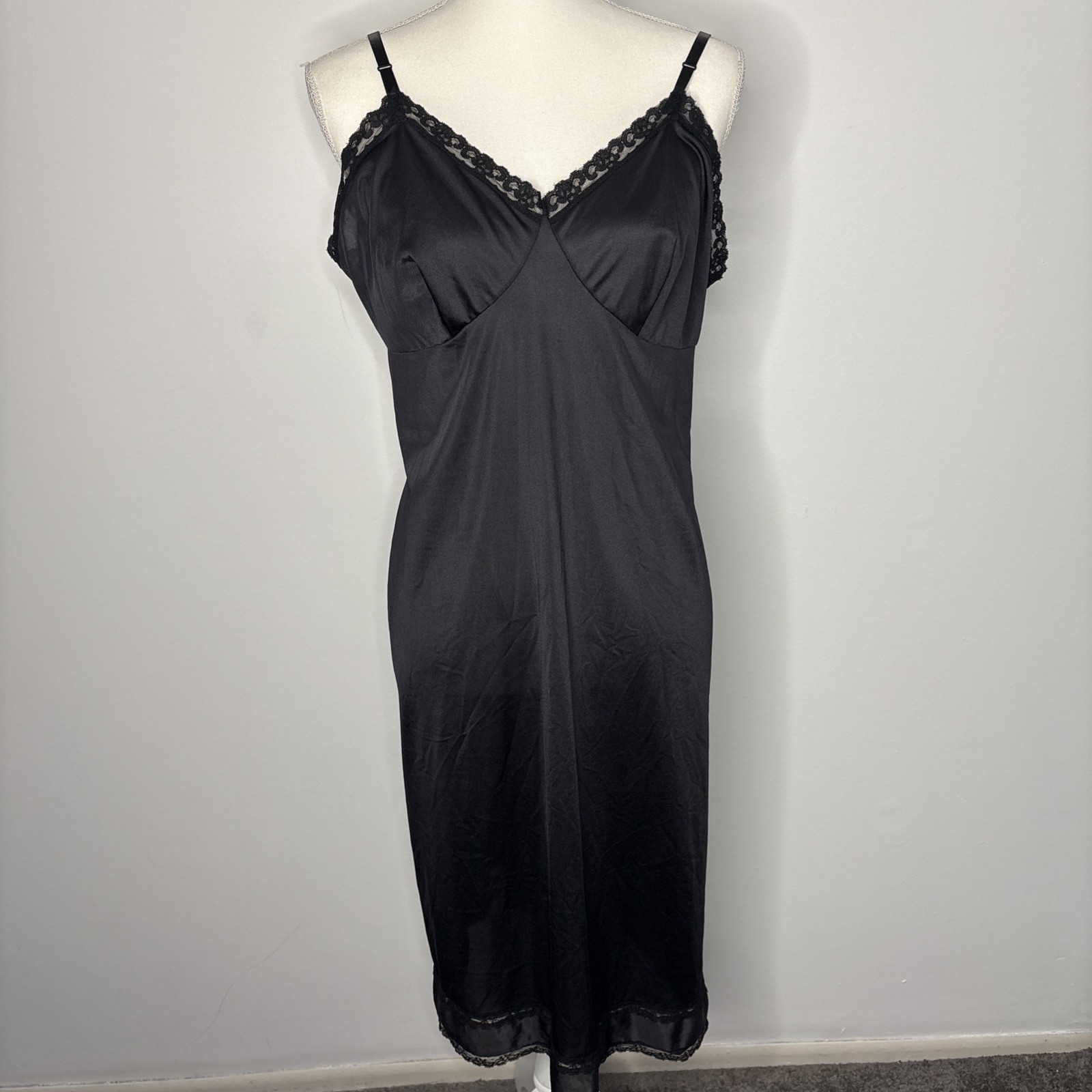 VTG SILKY Slip Dress Black Size 36 Nylon floral LACE Midi Nightgown