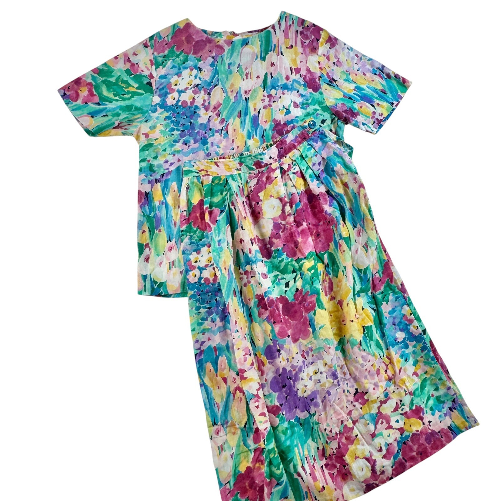 Vintage Floral Watercolor Two Piece Set Pleated Midi Skirt Short Sleeve 80s 90s