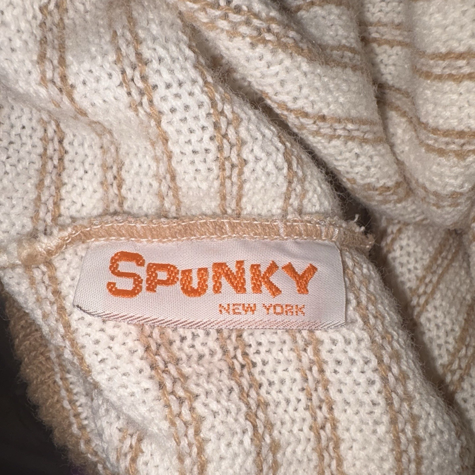 Vintage 80s Spunky Tan White Striped Colorblock Boatneck Sweater