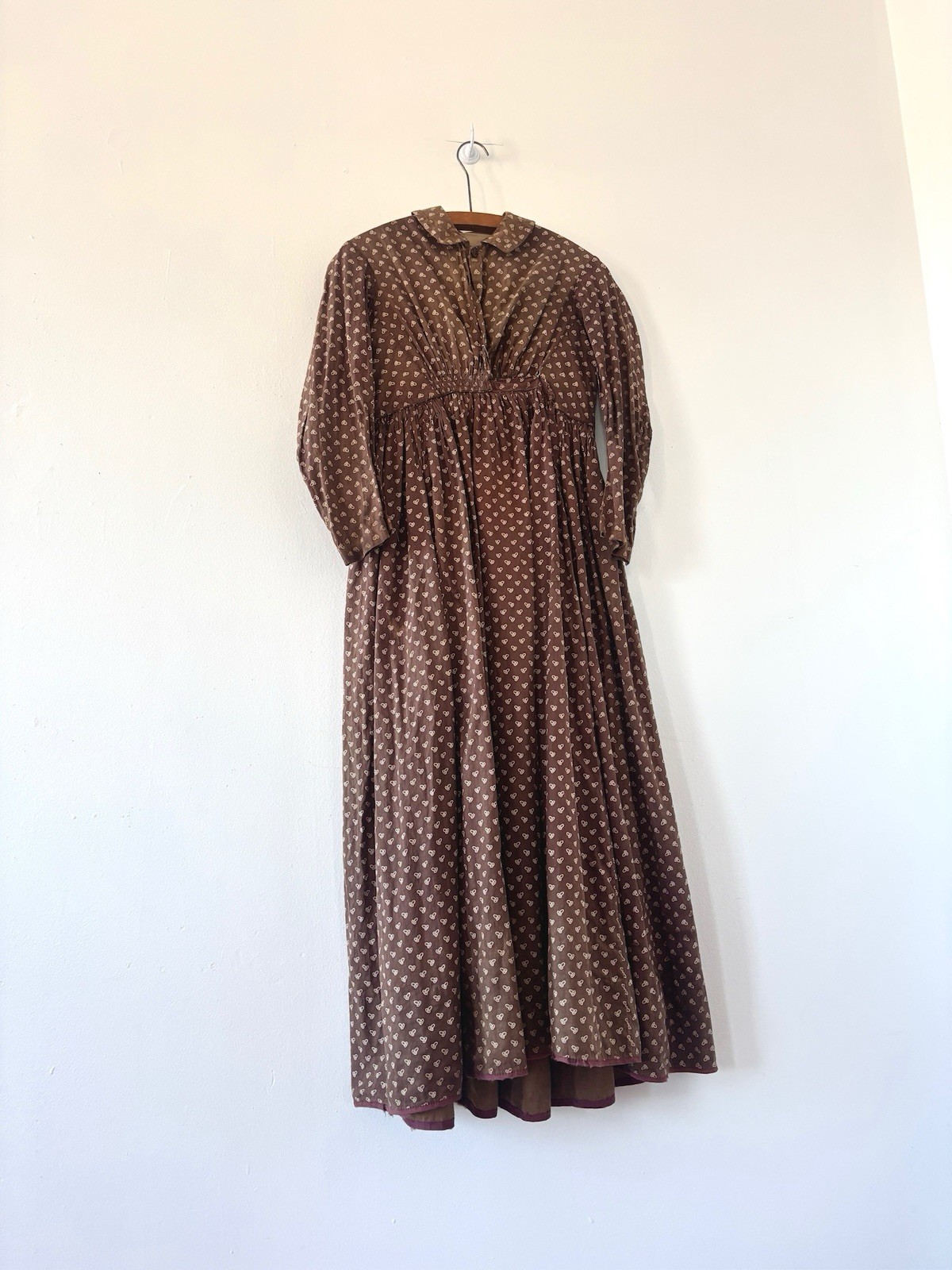 Antique Victorian 1850s 1860s Calico Work Dress Cartridge Pleated Skirt XS S