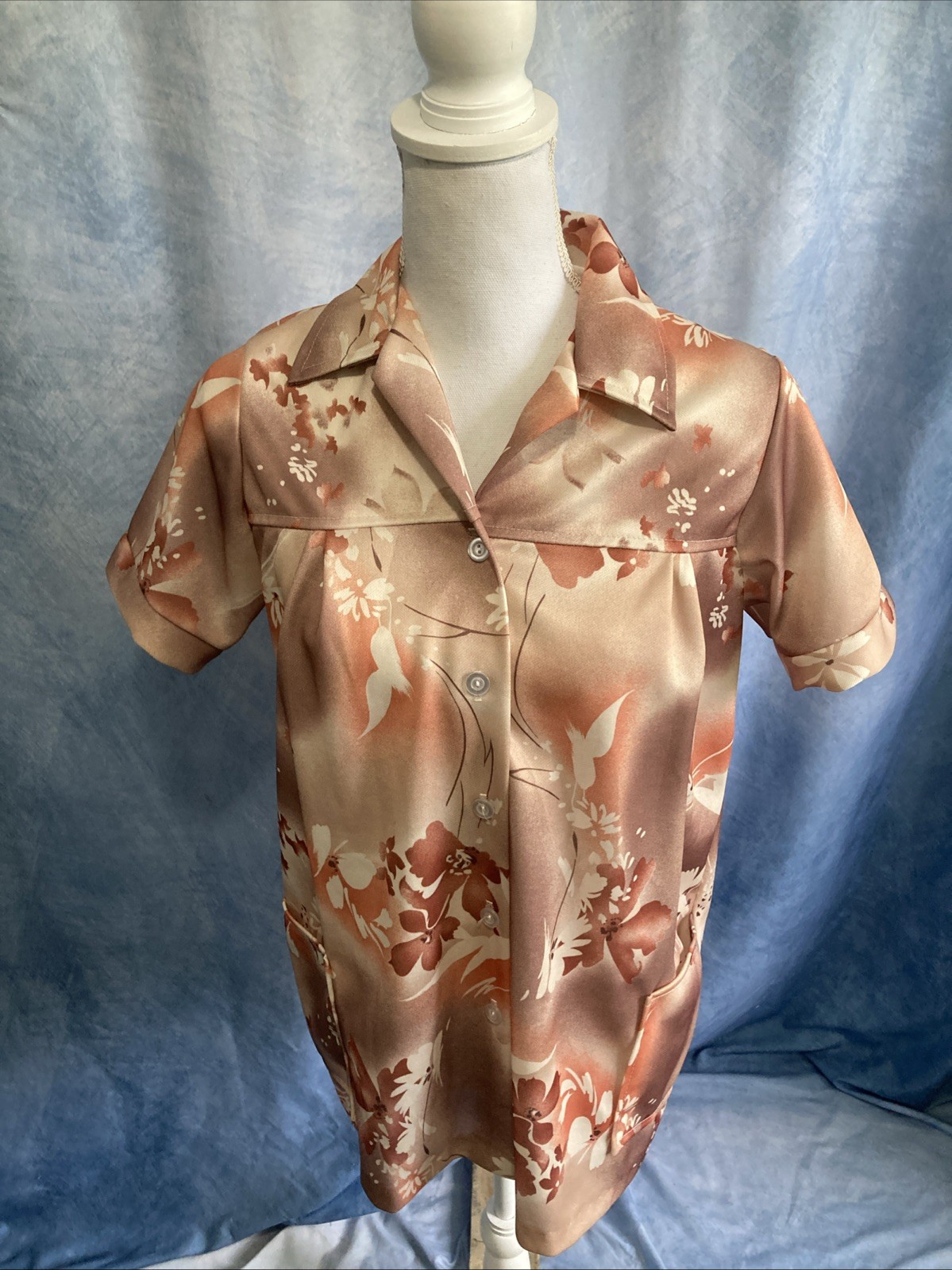 VTG 1970s Spoolworks Peach Floral Smock Tunic Shirt Utility Pockets S USA Retro