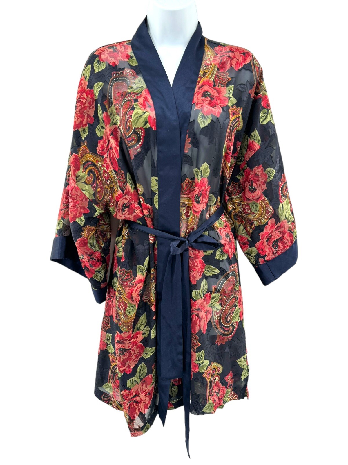 Vintage 80s VS Gold Label Poly Chiffon Floral Brocade Jacquard Kimono Robe