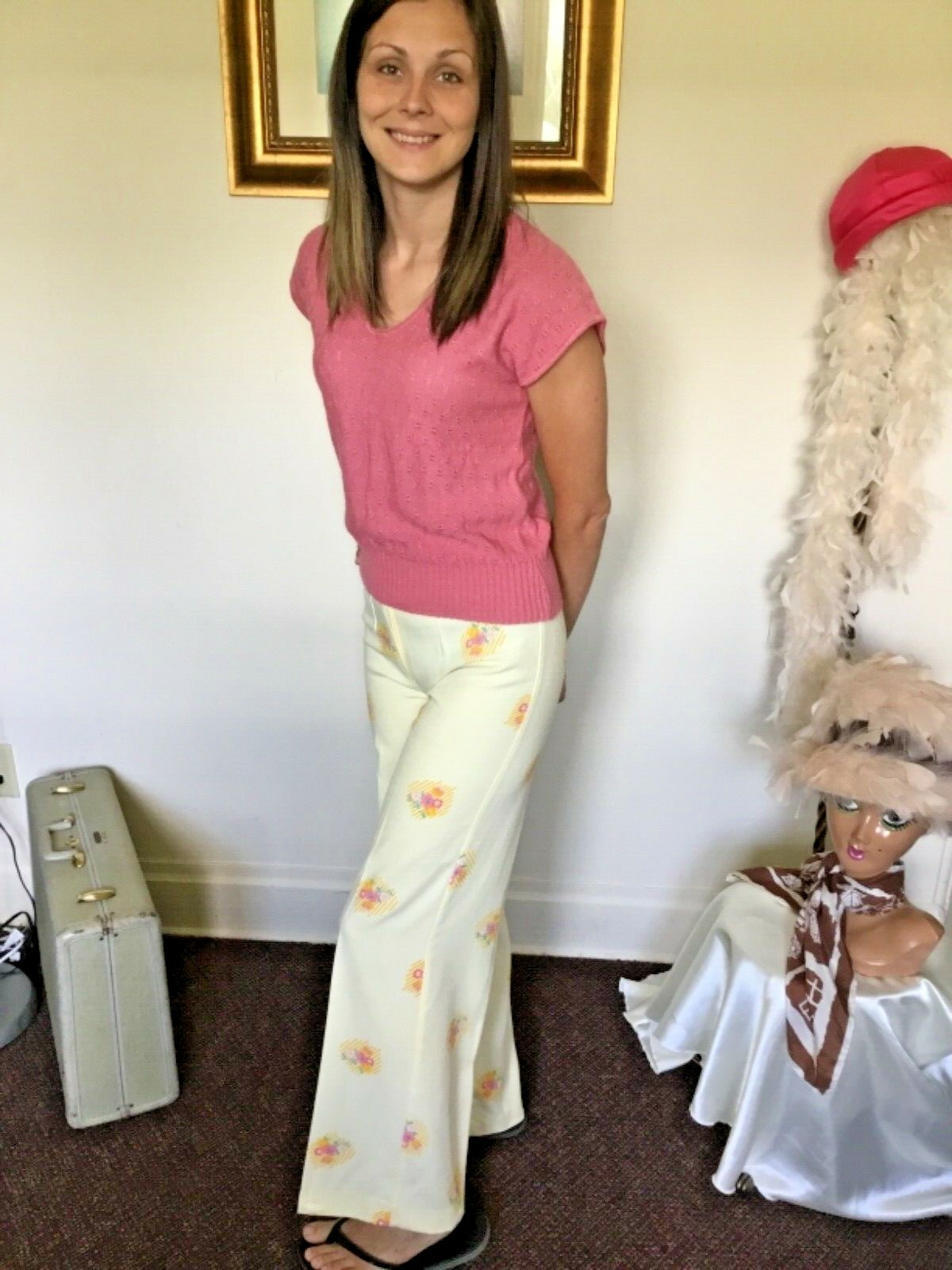 70’s Vintage Yellow Hippie Pink Floral Hi-Waist Bell Bottom Pants