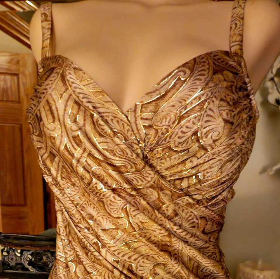 Vtg Gottex Metallic Gold SeaShell Shine Print Ruched PinUP Swimsuit Sz 12 L