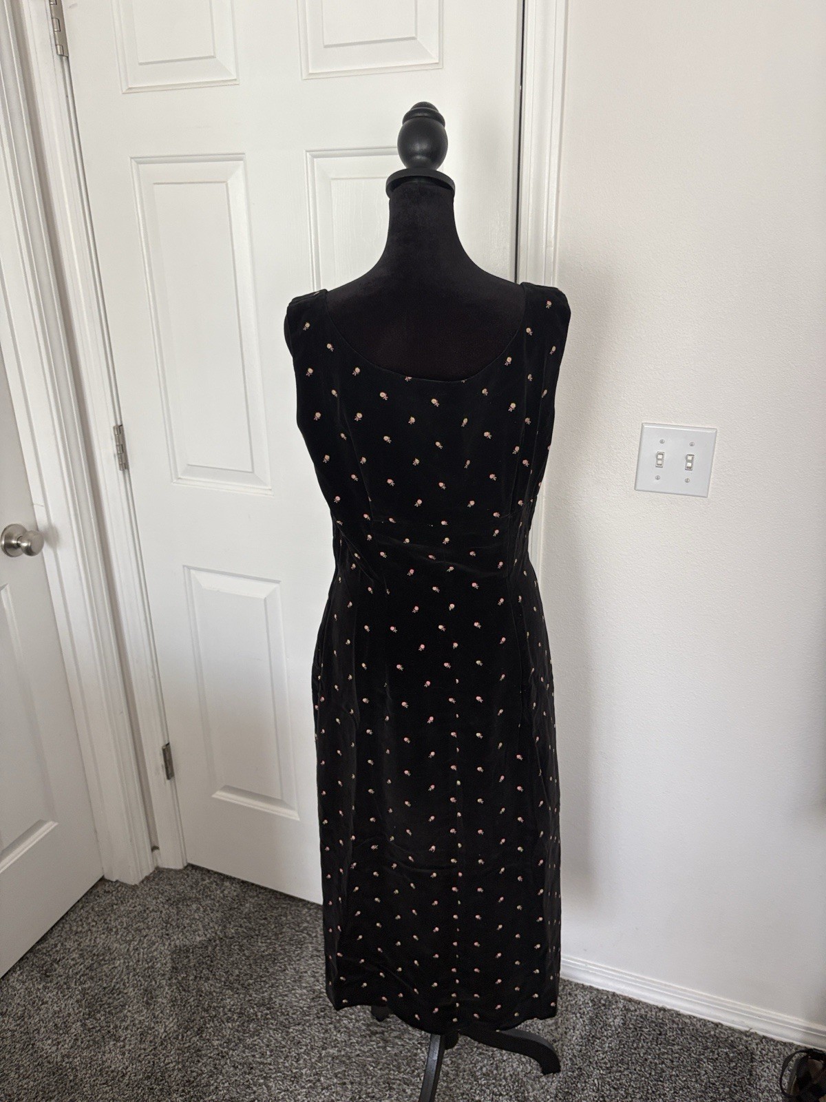 Jo Collin’s Vintage Black Velvet Midi Dress with Embroidered Rosettes