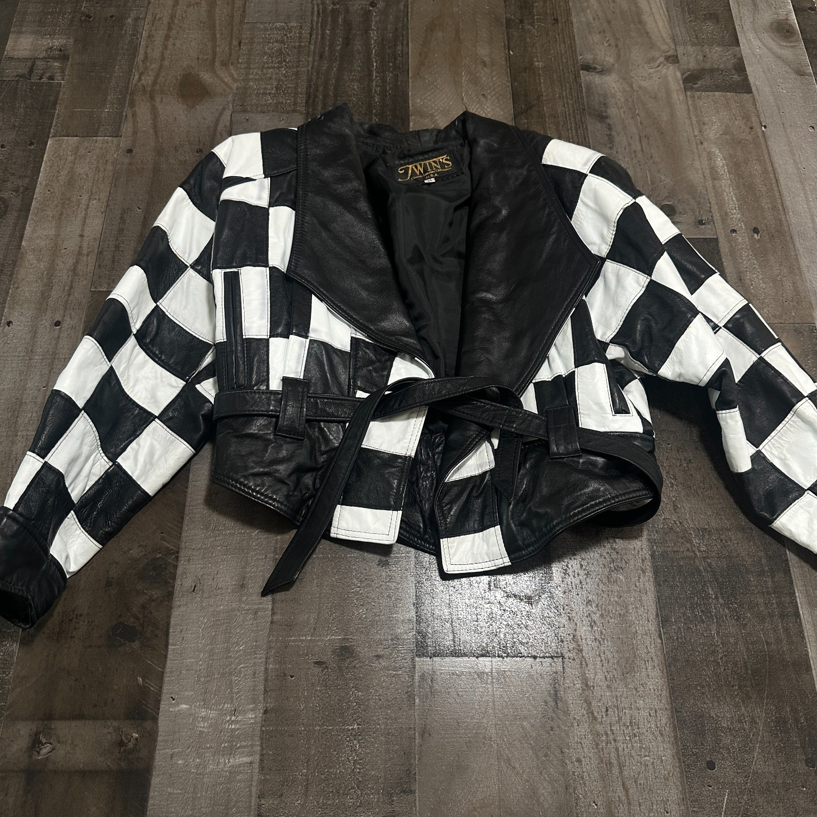 Vintage Checkered Leather Jacket (Black & White ) By: Twins USA Medium M