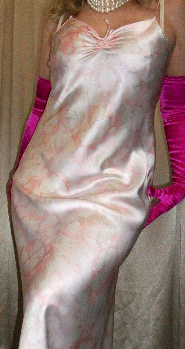 Vtg Peach Floral Halston Long Satin Nightgown L