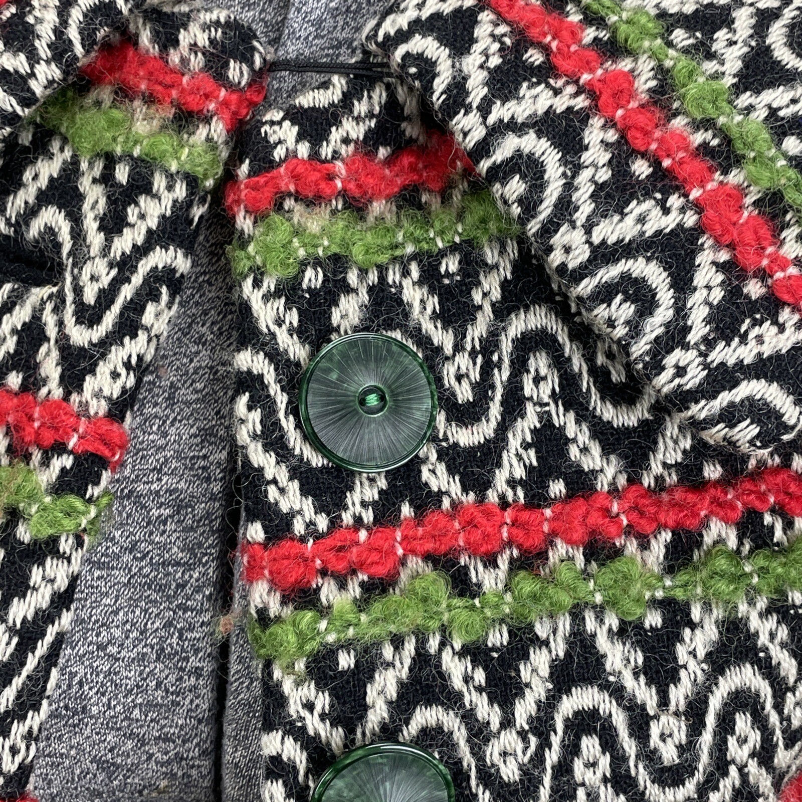 Vintage 60s Handmade Boucle Suit XXS Cropped Jacket Skirt Green Red Black