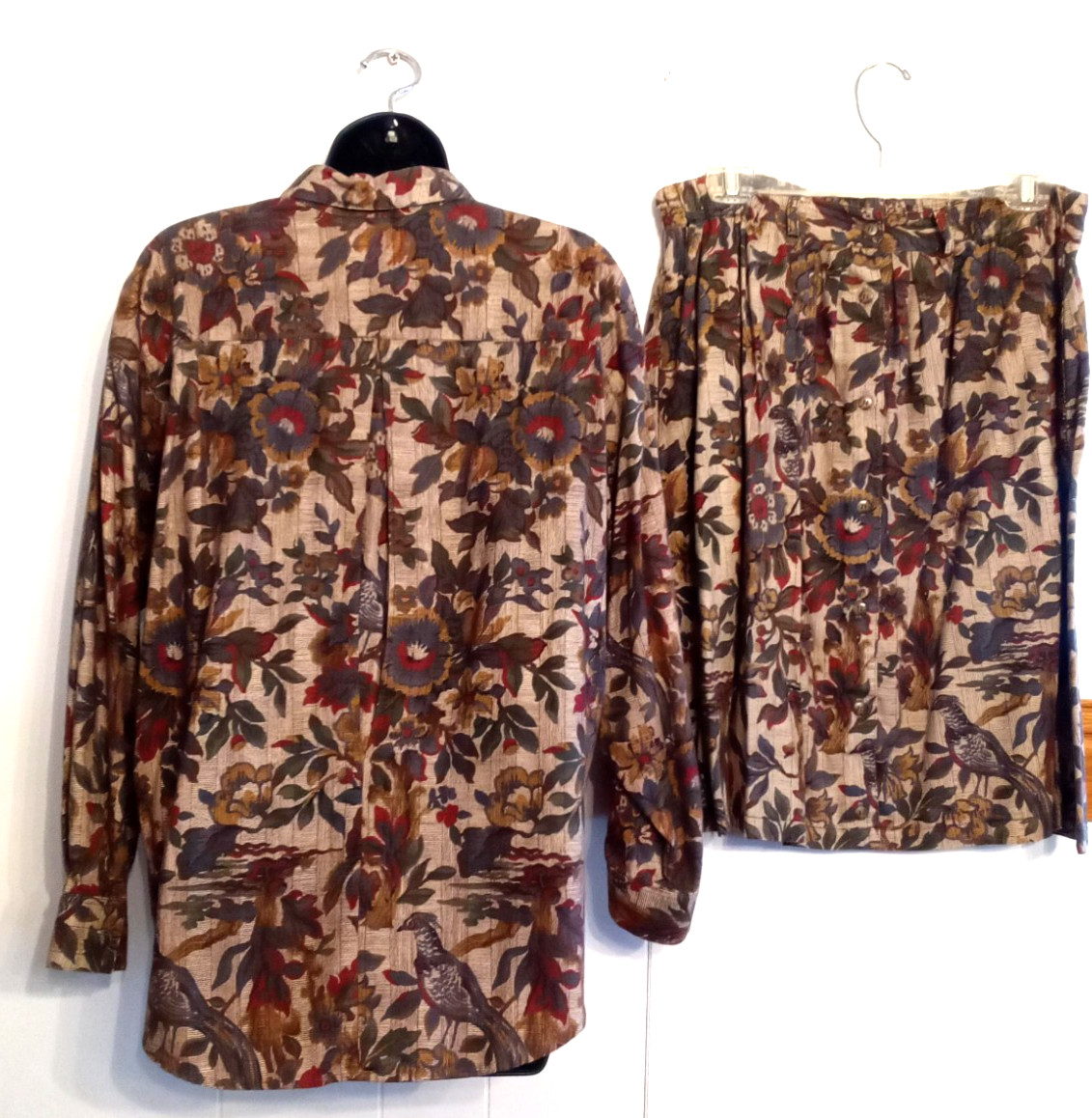 Bushwacker USA Womens Blouse & Skirt SUIT size L Floral Bird Pattern VTG Outfit
