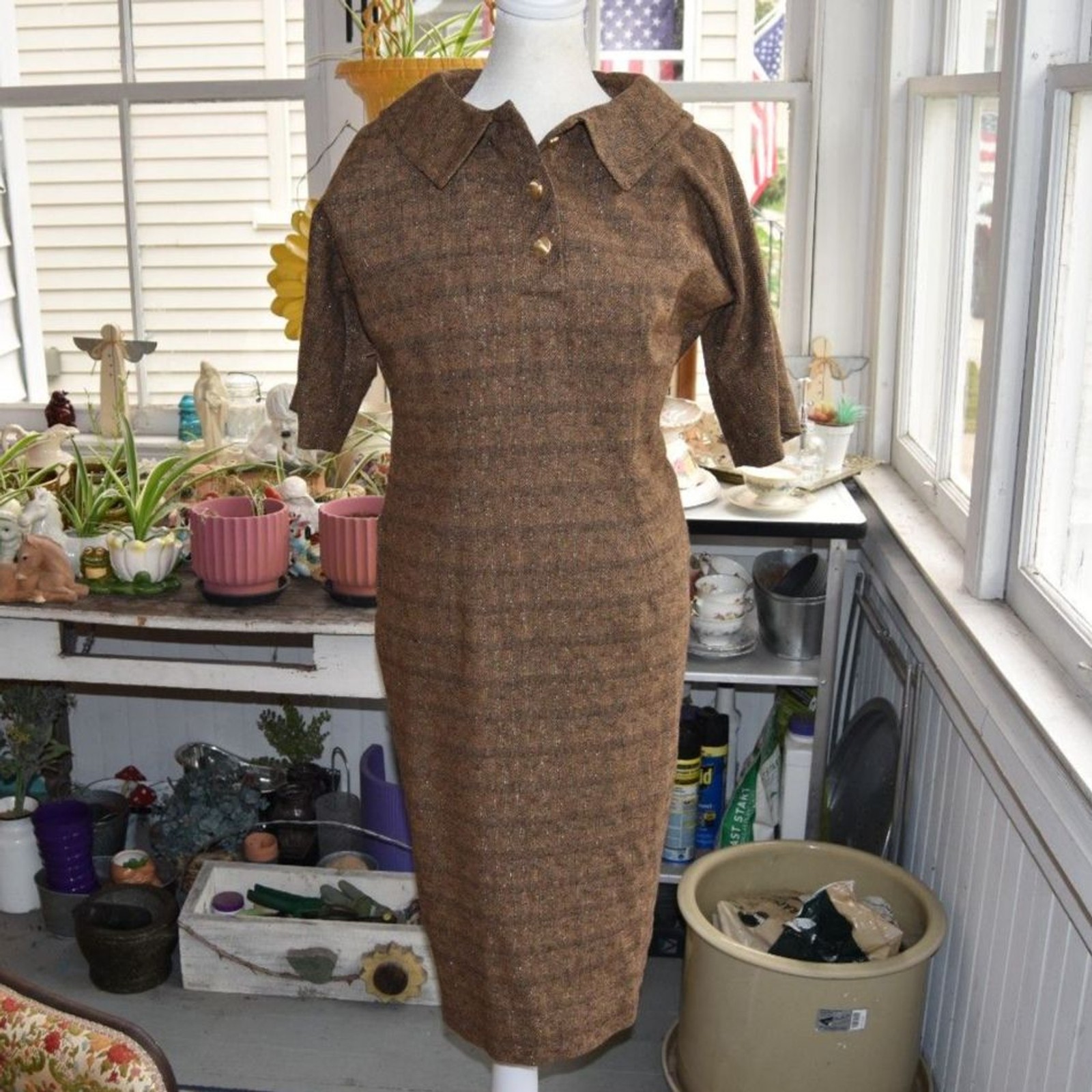 Vintage 1950s Adam Rifkin Original Brown Metallic Tweed Wiggle Dress XS S